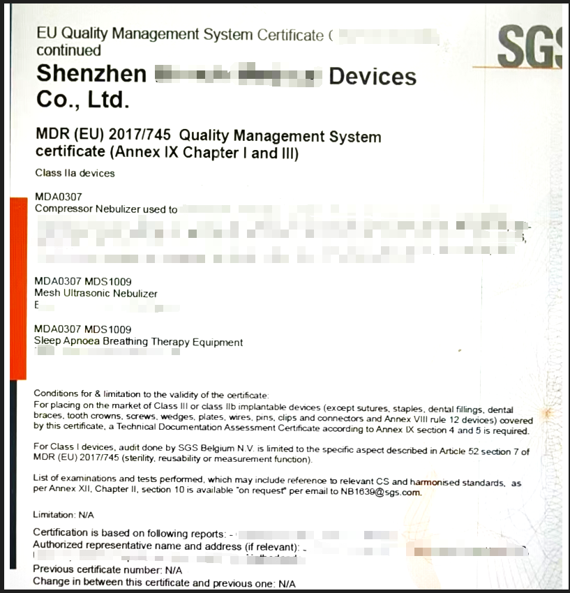 輔導(dǎo)深圳某客戶獲霧化器CE MDR證書